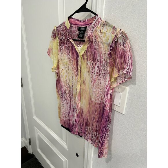 Allison Morgan Ruffle Paisley Button Front Shirt Purple Yellow Sz Small Boho NWT - Picture 3 of 10